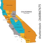 California state regions map with cities. Colored. Vector