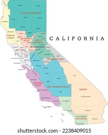 Las regiones del estado de California se mapean con los condados. De color. Vectado