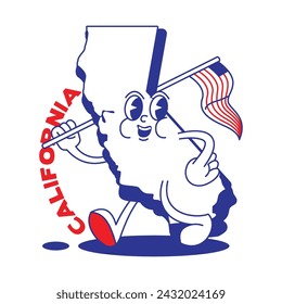 Mascota retro del estado de California con la mano y el pie clip art. USA Map Pegatinas de dibujos animados retro con divertidos personajes cómicos y manos enguantadas. Plantilla vectorial para sitio web, diseño, portada, infografías.