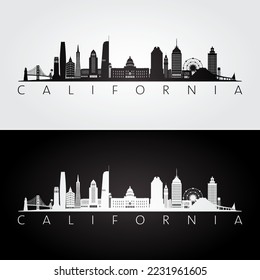 California state skyline and landmarks silhouette, black and white design. Vector illustration.