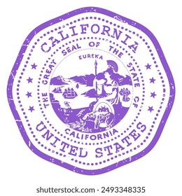 California state stamp with seal, USA travel stamp, shabby postmark of California, vector