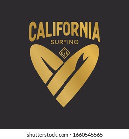 California state t-shirt design with heart shaped surfboards. Golden colored apparel print. Vector vintage illustration.