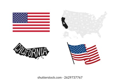 California State. USA flag. Map of the USA