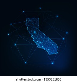 California state USA map glowing silhouette outline made of stars lines dots triangles, low polygonal shapes. Communication, internet technologies concept. Wireframe futuristic vector illustration