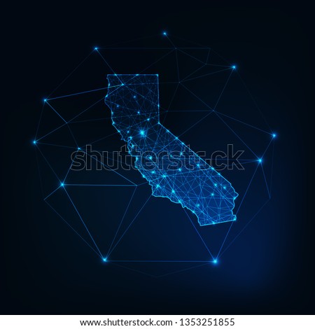 California state USA map glowing silhouette outline made of stars lines dots triangles, low polygonal shapes. Communication, internet technologies concept. Wireframe futuristic vector illustration