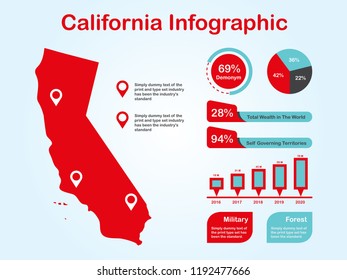 California State (USA) Map with Set of Infographic Elements in Red Color in Light Background. Modern Information Graphics Element for your design.