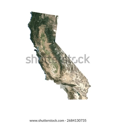 California state vector map with realistic Landsat satellite texture. This detailed illustration showcases diverse terrain including mountains, coastline, forests, and deserts—ideal for educational ma