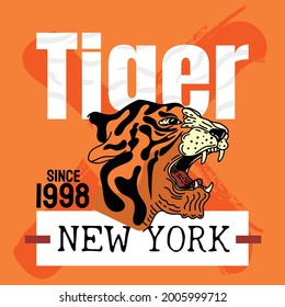 California style tiger vector illustration for t-shirt Slogans Vector Artwork for Apparel and other uses orange background.