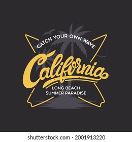 California stylish graphic t-shirt vector design, typography. Design for poster, print on the theme of summer. Vector illustration.
