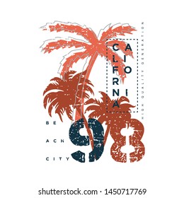 California stylish t-shirt and apparel modern design with tropical leaves, typography, print, vector illustration. Global swatches.