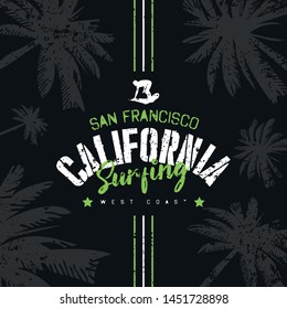 California stylish t-shirt and apparel trendy design with palm trees silhouettes, typography, print, vector illustration. Global swatches.