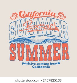 California Summer Beach College Text print, Big Sea Waves inside the Summer, hand drawn beach waves in vector art, tropical print design, university or college text vintage artwork, fashion print use