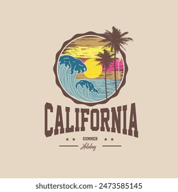 California summer beach holiday typography ocean waves graphic tee