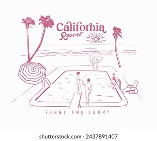 california summer beach resort vector illustration, retro vintage dream resort line art, summer swimming pool artwork for t shirt, sticker, graphic print