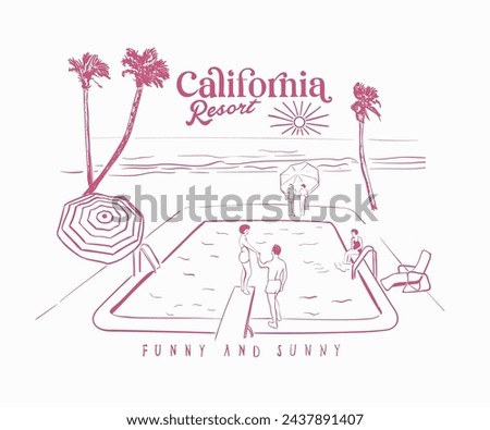 california summer beach resort vector illustration, retro vintage dream resort line art, summer swimming pool artwork for t shirt, sticker, graphic print
