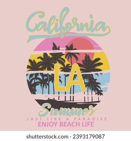 California summer College text prints, sunset beach vector graphic tee, tropical beach vibes, vintage graphic print design for t shirt and others. Beach adventure, background. Summer illustration