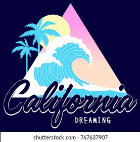 California Summer Graphic with Palm trees.Ocean Wave Illustration.Surfer Illustration with sunset. Apparel Print. fashion illustration. t shirt print