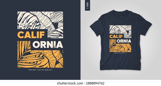 California summer graphic t-shirt design, tropical print, vector illustration.