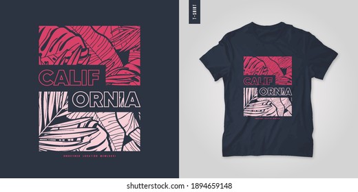 California summer graphic t-shirt design, tropical print, vector illustration.