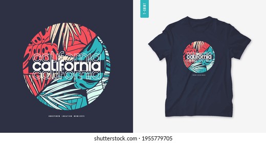 California summer graphic t-shirt design, tropical print, vector illustration.