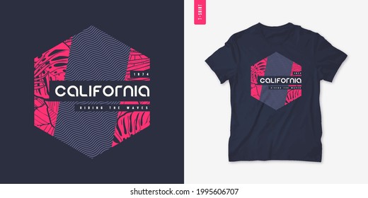 California summer graphic t-shirt design, tropical print, vector illustration.