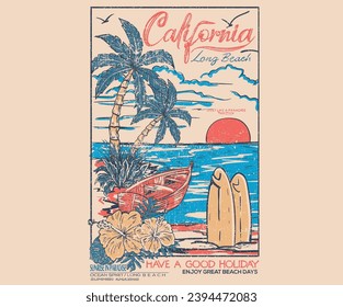 California summer paradise artwork for t shirt, poster, sticker. Summer good vibes. Paradise Print t shirt graphics design, typography slogan on palm trees background. Surfing board hand sketch.