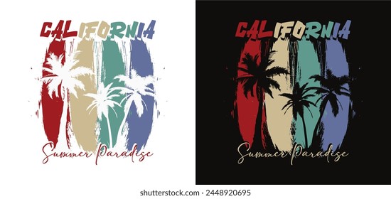 california summer paradise calligraphy slogan with palm beach view in grunge vector illustration on black background