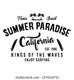 California summer paradise, enjoy surfing typography, t-shirt graphics, vectors