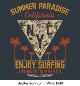 California summer paradise, enjoy surfing, authentic summer, nyc typography, t-shirt graphics, vectors