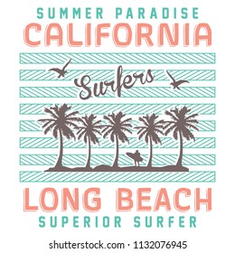 California summer paradise, long beach, superior surfer typography, t-shirt graphics, vectors