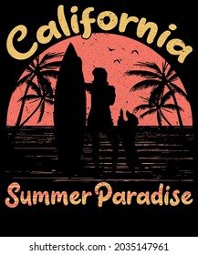 California summer paradise surfing tshirt design