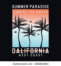 California summer paradise, surfing, west coast typography, t-shirt graphics, vectors