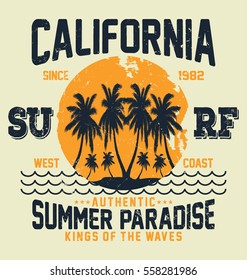 California summer paradise, surfing, west coast typography, t-shirt graphics, vectors