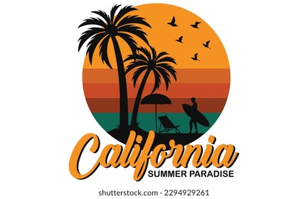 California Summer Paradise T-shirt Design Vector Illustration and apparel vector design, print, typography, poster, emblem with palm trees. With Surfing Man, Vector Print Design Artwork