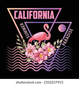 California summer paradise t-shirt design vector illustration and apparel vector design print, typography, poster, emblem with flamingo, floral and wave.