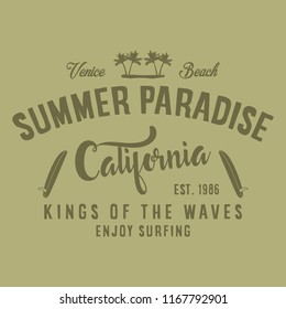 California summer paradise, venice beach, enjoy surfing typography, t-shirt graphics, vectors