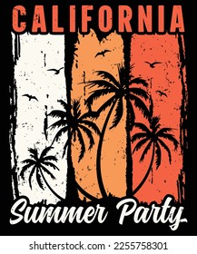 California Summer Party T-shirt Design, Retro Vintage Sunset Summer Beach T-shirt, Grunge, Distress, Palm, Poster