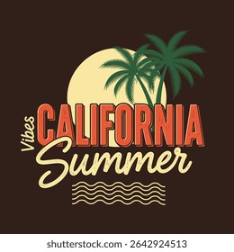 California summer prints. typography text graphics in vector. vintage retro summer prints. t shirt design graphics. summer t-shirt design. tropical palm tree with sunshine beach tee.