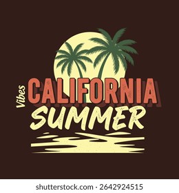 California summer prints. typography text graphics in vector. vintage retro summer prints. t shirt design graphics. summer t-shirt design. tropical palm tree with sunshine beach tee.