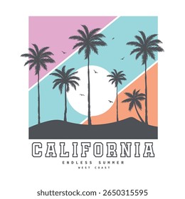California summer surfing beach. Sunshine Paradise. Summer vibes artwork. Sunshine paradise graphic print design. Surf club design.