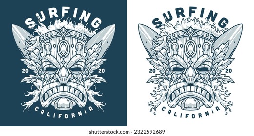 California summer surfing poster monochrome with Tiki mask and sea water splash near USA surfer boards vector illustration