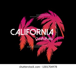 California Summer Text with Palm Tree Vectors for Fashion and Poster Prints