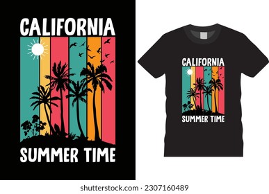 
California summer time,  calligraphic handwritten hand crafted t-shirt apparel fashion design. Retro vector ink drawing illustration of sun and palm trees, background Vintage retro Typography t-shirt
