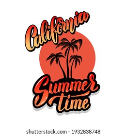 California summer time. Emblem template with waves and palms. Design element for poster, card, banner, sign, emblem. Vector illustration