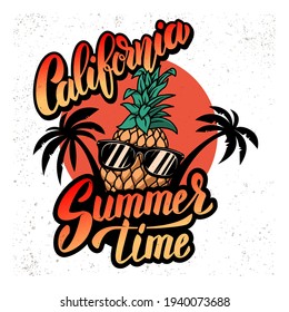 California summer time. Emblem template with pineapple, waves and palms. Design element for poster, card, banner, sign, emblem. Vector illustration