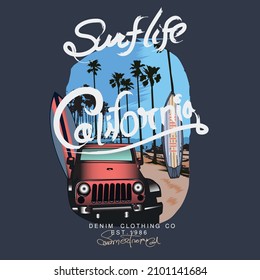 California Summer Time With Surf Board, palm tree, Summer van. Use This Artwork for  T-shirt Print , poster, Sticker, Book cover, Magazine cover. 