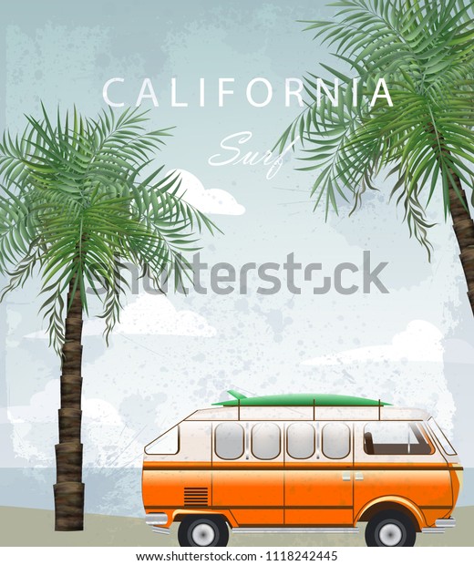 California Summer Travel card with camping\
trailer Vector. Bus and palm trees\
background