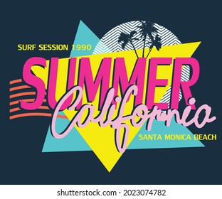 California summer vibes geometric colorful t shirt design. Surfing life print artwork for  patch, sticker, batch, apparel, logo, embroidery, wallpaper etc. 