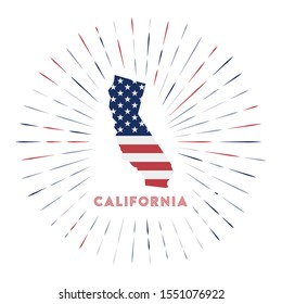 California sunburst badge. The us state sign with map of California with American flag. Colorful rays around the logo. Vector illustration.