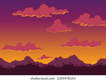 California sunset landscape. Coast wallpaper with silhouette. Nature panorama of scenic violet-orange sky, tropical mountains. Vector illustration